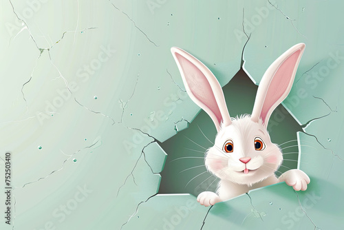 Easter bunny poster looking out from a hole in the wall with copy space on a green background