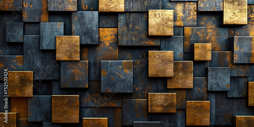 abstract background pattern with cubes, gold and black art deco wood veneer decoration