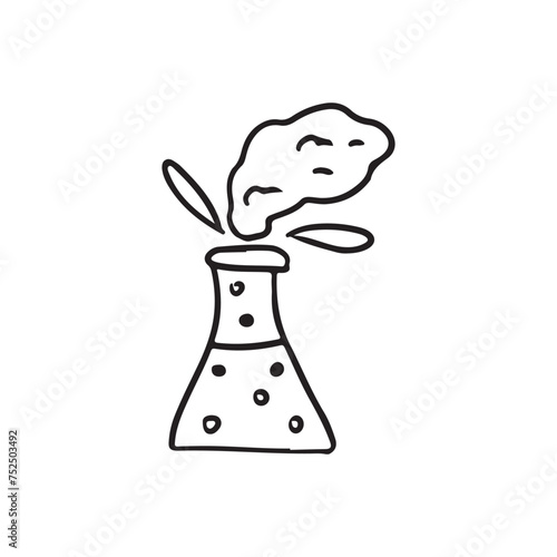 Chemical experiment with fumes fog. Combining reagents and biochemistry reaction in test tube. Hand drawn vector sketch illustration in doodle vintage style. Study, investigation, chemistry,