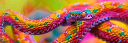 Colorful fantasy multicolored snake close up, snake curled up, banner
