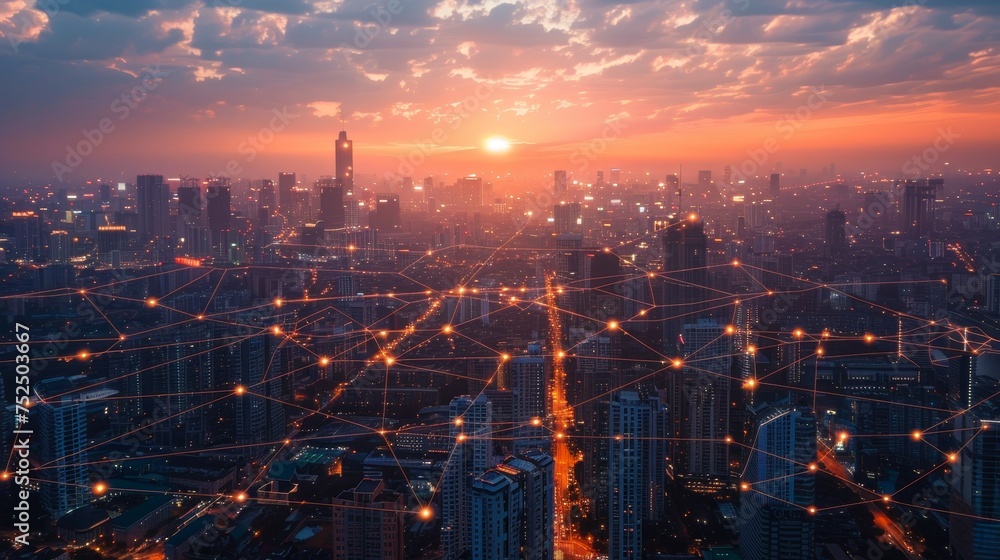 Fototapeta premium A bird's-eye view of a city at twilight