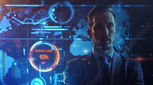Mężczyzna w garniturze przed ekranem cyfrowej mapy świata z wykresami