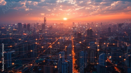 A bird's-eye view of a city at twilight