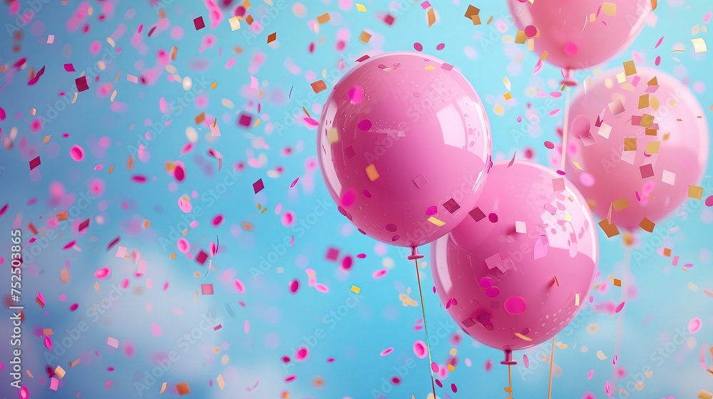 Różowe balony z konfetti na czystym niebie - obrazy, fototapety, plakaty 