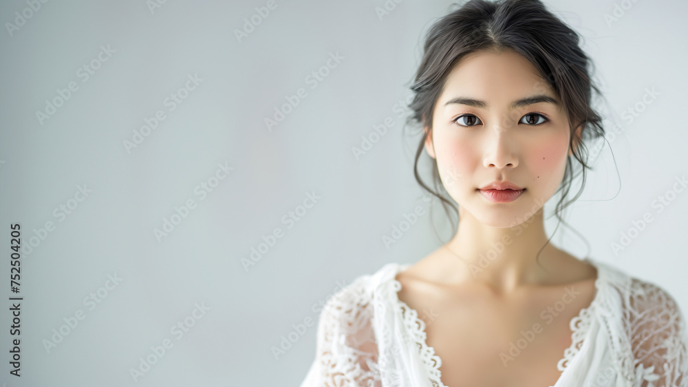 Beautiful young hair tied asian woman with a white dress. Clean fresh skin woman from far east on a light background with copy space for text.