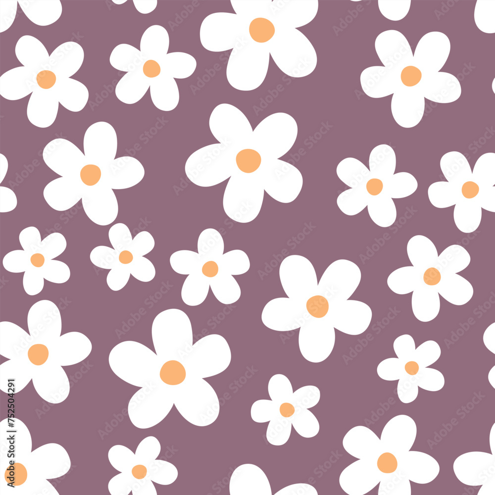 Floral seamless pattern with daisies. Vector illustration on purple background. It can be used for wallpapers, wrapping, cards, patterns for clothes and other. Floral seamless pattern with daisies. Vector illustration on purple background. It can be used for wallpapers, wrapping, cards, patterns for clothes and other.