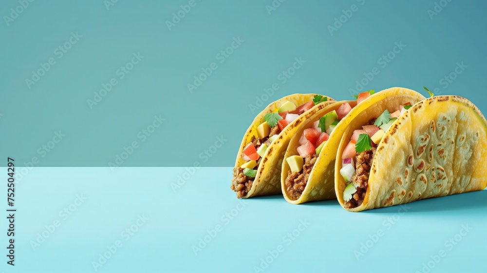 Trzy tacos na niebieskim tle - obrazy, fototapety, plakaty 