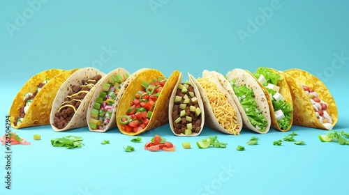 Grupa świeżych wegetariańskich tacosów z różnymi nadzieniami leży na niebieskiej powierzchni.