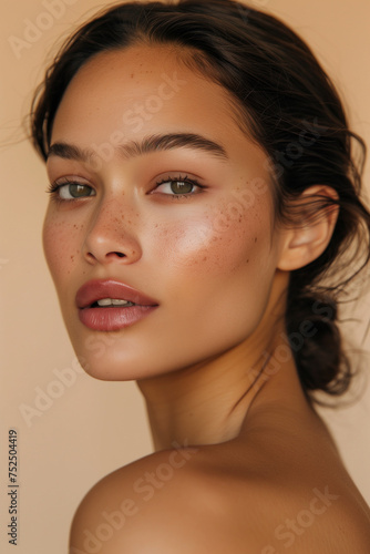 A Close-Up Portrait of a Young Woman with Freckles and Green Eyes