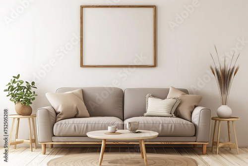 modern Scandinavian minimalist living room in white and beige colours. an empty frame for a photo or painting over the sofa