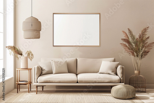 modern Scandinavian minimalist living room in white and beige colours. an empty frame for a photo or painting over the sofa