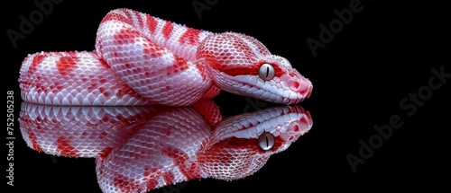  a close up of a red and white snake on a black background with a reflection of it's head in the water.