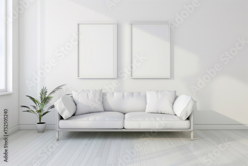 modern Scandinavian minimalist living room in white and beige colours. an empty frames for a photo or painting over the sofa
