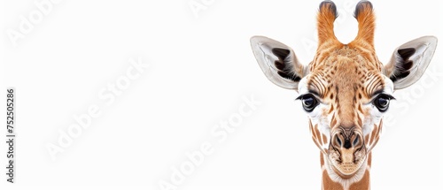  a close up of a giraffe's face with a white background and a brown and white pattern. © Jevjenijs