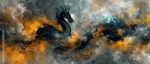  a painting of a black and yellow dragon on a gray and yellow background with black and yellow swirls around it.