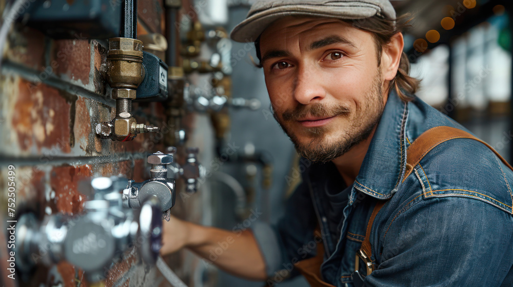 Close-up illustration of a plumber next to a wall with a pipe system and fittings