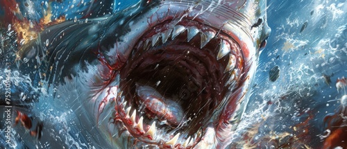  a close up of a shark with it's mouth open and it's mouth is full of blood. photo