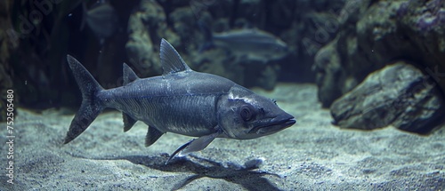  a close up of a fish in a body of water with rocks in the background and water plants in the foreground.