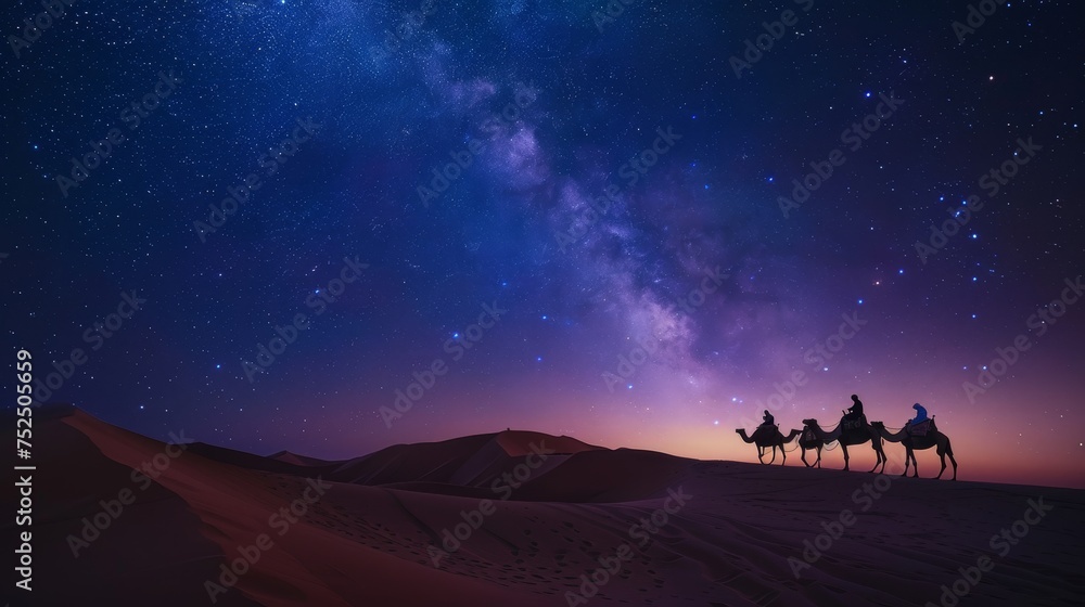 A camel caravan slowly traversing the undulating dunes