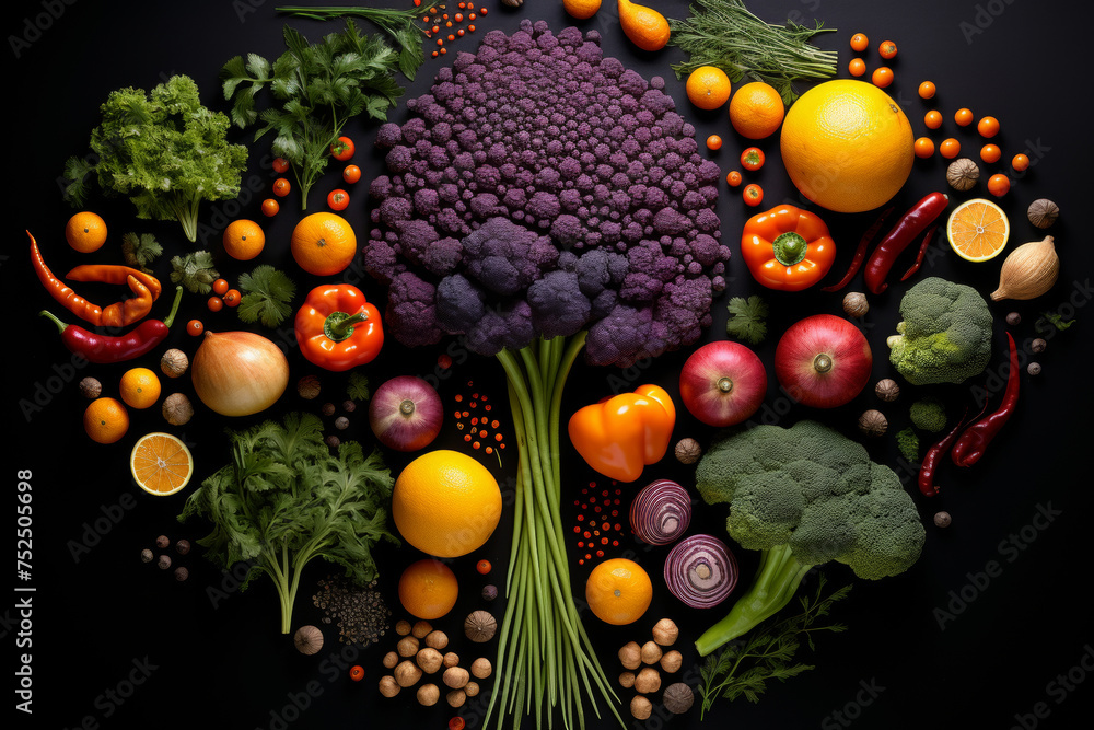 Green, orange, and purple vegetables and fruits in circular composition on black background - obrazy, fototapety, plakaty 