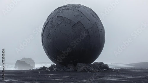  a large egg sitting on top of a pile of rocks in front of a body of water on a foggy day.