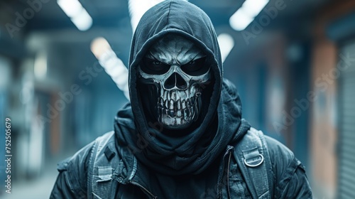  a man in a black hoodie with a skull on his face and a black hoodie over his face. photo