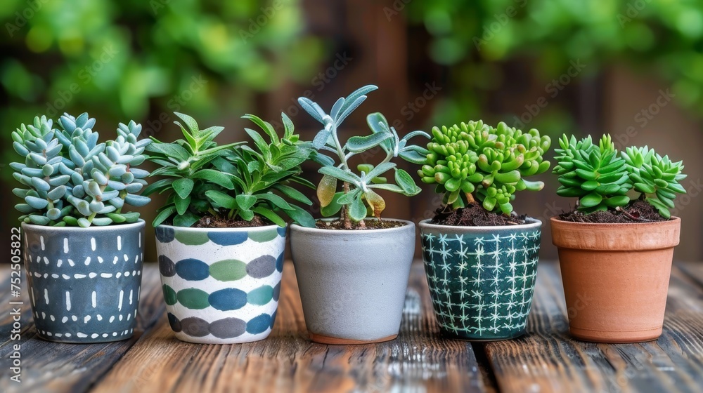  a group of small potted plants sitting on top of a wooden table in front of a green leafy tree.