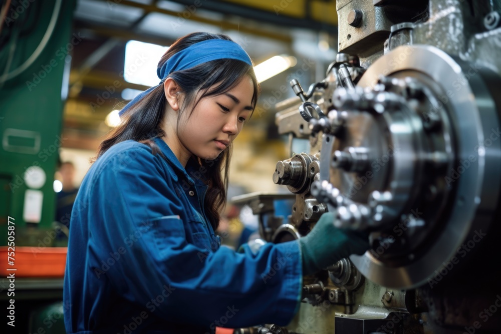 A woman in work clothes exhibits expertise and commitment as she operates a large factory machine, reflecting dedication to industrial work. A woman in work clothes exhibits expertise and commitment as she operates a large factory machine, reflecting dedication to industrial work.