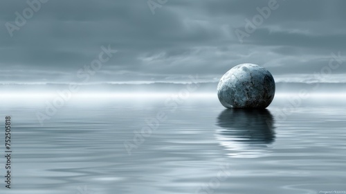  a rock in the middle of a body of water with a cloudy sky in the background and a reflection of the rock in the water.
