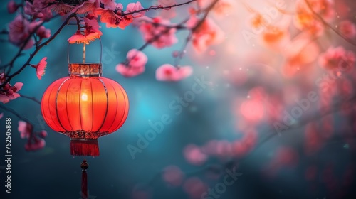  a red lantern hanging from a branch of a tree with pink flowers in the foreground and a blue sky in the background.