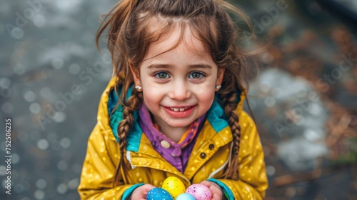  a little girl in a yellow jacket holding a bunch of easter eggs in her hands and smiling at the camera. © Jevjenijs