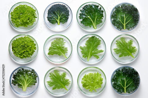Varieties of lettuce samples in laboratory daylit glassware, plant genetics and breeding