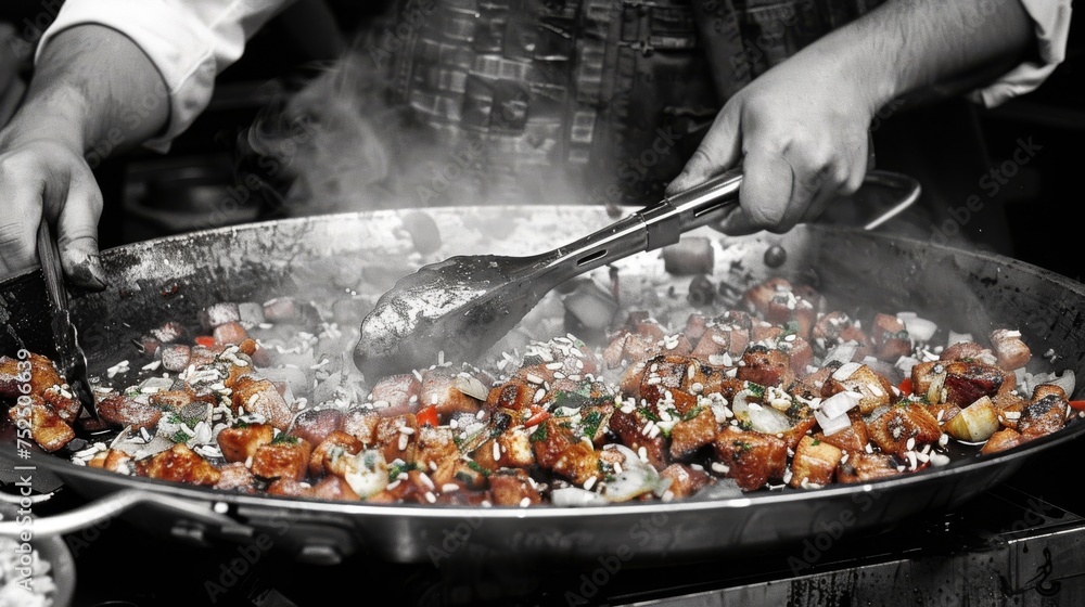 a wok full of food being cooked on a stove with a pair of tongs sticking out of it. a wok full of food being cooked on a stove with a pair of tongs sticking out of it.