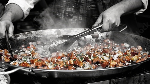  a wok full of food being cooked on a stove with a pair of tongs sticking out of it.