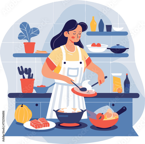 Home cooking abstract concept vector illustration. Cook at home, online easy food recipes, family time activity, homemade traditional meal, cooking TV show, healthy eating habit abstract metaphor.