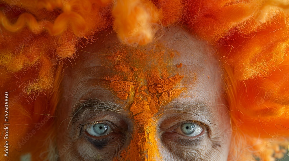 a close up of a person's face with orange hair on top of their head and a blue eye. a close up of a person's face with orange hair on top of their head and a blue eye.