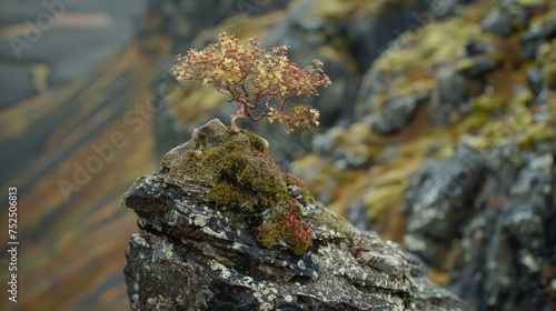  a small tree growing out of the top of a rock in the middle of a rocky area with moss growing out of it.