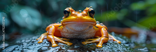 frog sitting on a leaf,
Frog on a Rock with Rain Drops on the Eyes photo