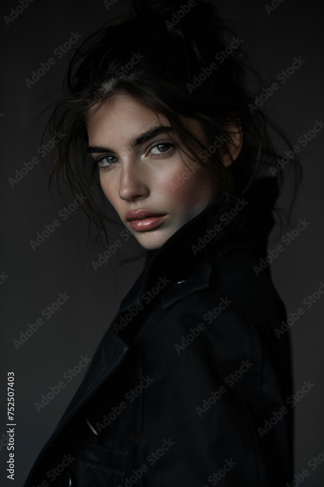 portrait studio d'une jeune femme de profil portant un manteau noir sur fond sombre