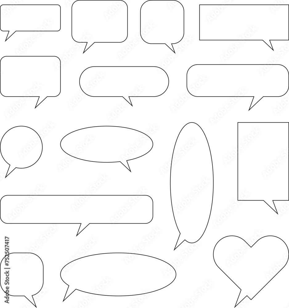 Obraz premium Set of blank white speech bubble in flat design, chatting box, message box icon. Balloon doodle style of thinking sign symbol. Speech bubble isolated on background.