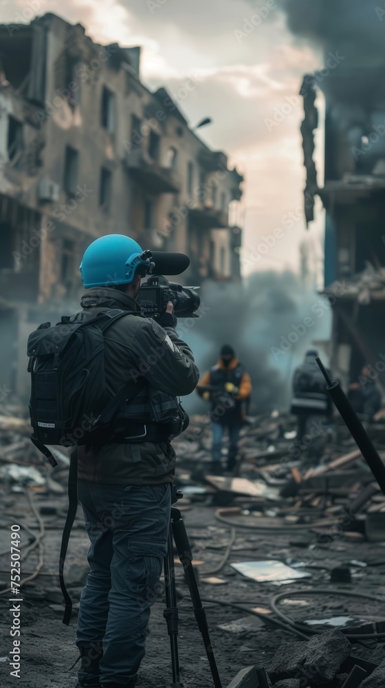 Fototapeta premium Military journalists in a combat zone at the front, dangerous journalism