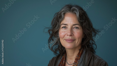 femme 40-50 ans souriante de face sur fond bleu © Sébastien Jouve