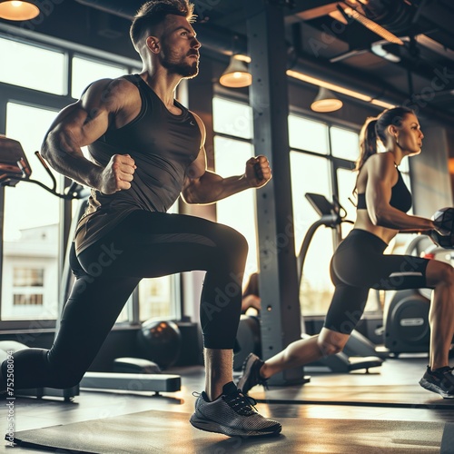 Sporty Couple doing side lunges exercise at gym photo