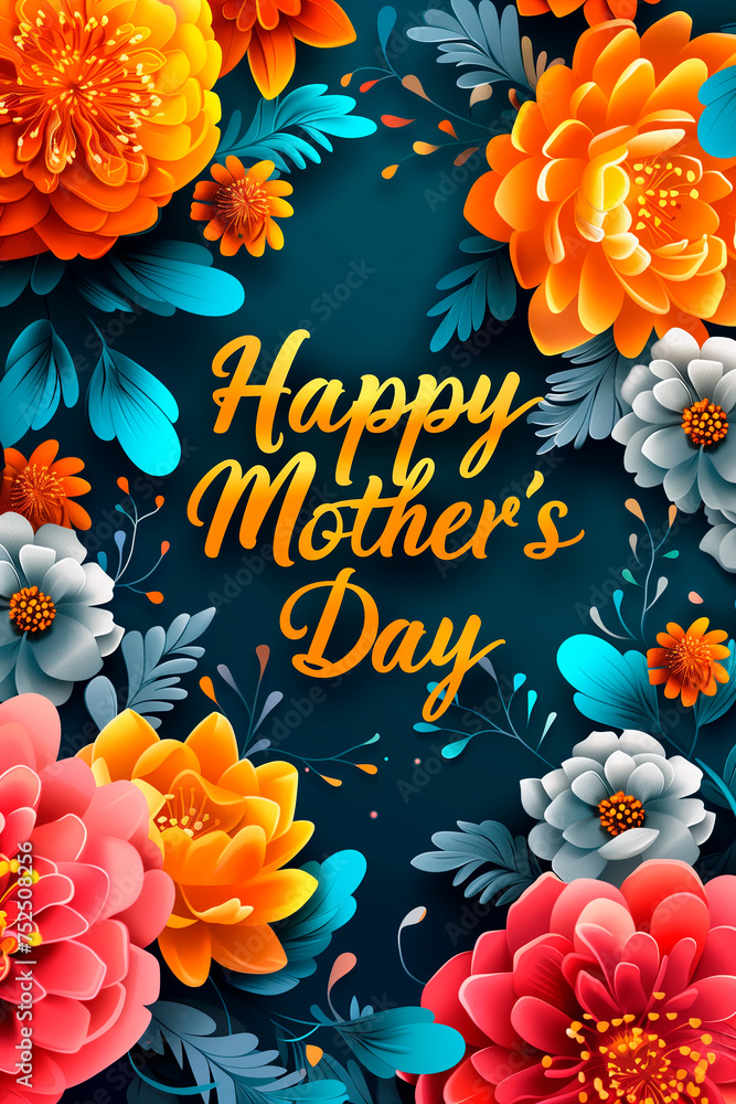 text Happy Mother's Day and flowers in the background. Mother's Day concept, greeting card - obrazy, fototapety, plakaty 