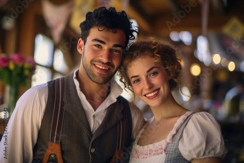 Oktoberfest autumn beer festival, a Bavarian guy and a girl in dirndl attire posing outdoors.