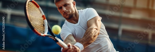 Tennis matches, strong male tennis player hitting a tennis ball with a racket,banner