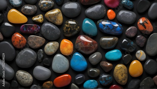 A striking contrast of light and dark, as a multitude of colorful stones are arranged on a black background, each one reflecting the light in its own unique way, creating a mesmerizing and dynamic ima
