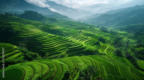 A dramatic aerial vista of terraced rice paddies