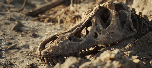 A dinosaur skeleton lies buried beneath layers of dirt, a silent testament to the ancient mysteries of the Earth's history