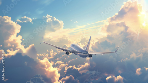 A captivating scene of a modern commercial airplane flying gracefully through the clear blue sky. Fluffy white clouds surround the plane, and its wings create subtle shadows against the sky. The setti